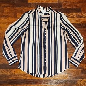 Express Blue and White Long Sleeve Mandarin Collar Shirt with Beautiful Buttons